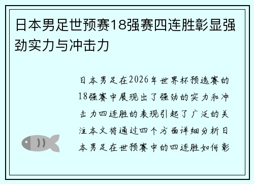 日本男足世预赛18强赛四连胜彰显强劲实力与冲击力 日本男足世预赛18强赛四连胜彰显强劲实力与冲击力