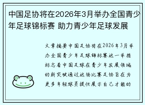 中国足协将在2026年3月举办全国青少年足球锦标赛 助力青少年足球发展
